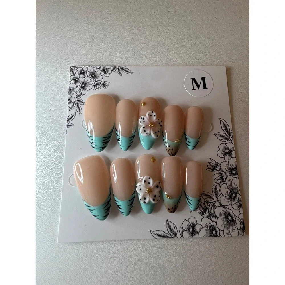 Mint Green 3D Floral & Tiger Stripe Press On Nails Set Size M Handmade